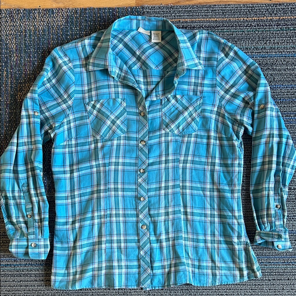 L.L. Bean Turquoise Plaid Light Cotton Button Down Shirt - Feminine & Light